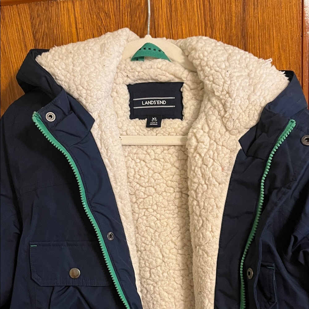 Lands' End Dark Blue Coat with Cream Sherpa and Green Zipper Like NEW